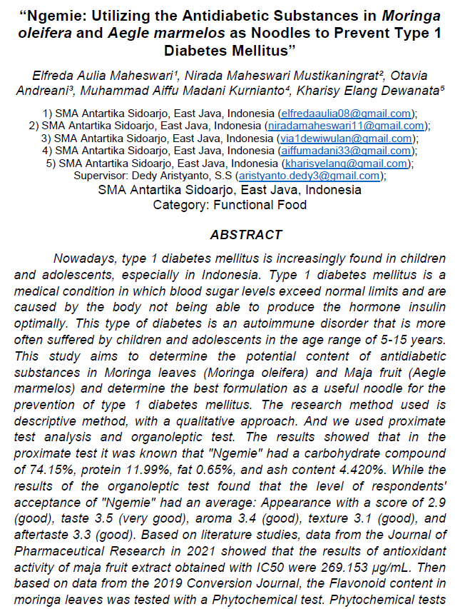 Ngemie: Utilizing the Antidiabetic Substances in Moringa  oleifera and Aegle marmelos as Noodles to Prevent Type 1  Diabetes Mellitus
