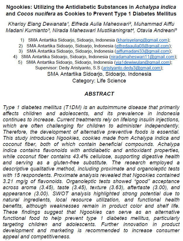 Ngookies: Utilizing the Antidiabetic Substances in Achalypa indica and Cocos nucifera as Cookies to Prevent Type 1 Diabetes Mellitus